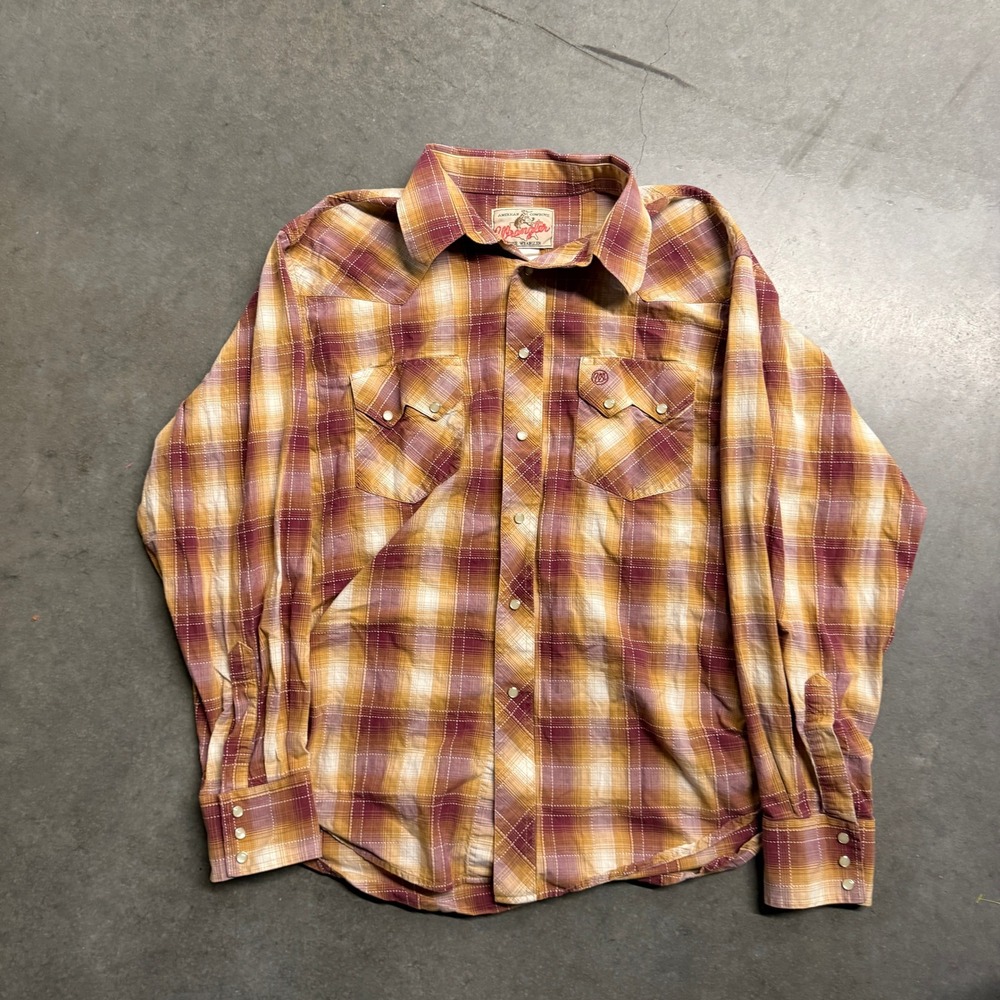 Wrangler American Cowboys Western Pearl Snap Shirt Plaid Yellow Burgundy XL